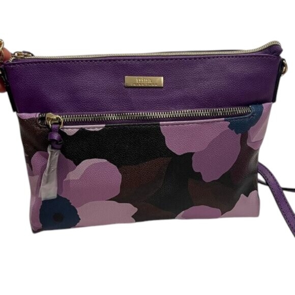 Trina Turk Purple Floral Print Crossbody Bag  Gold-tone Hardware NWT - Picture 1 of 11